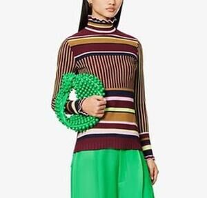 BROGGER Olivia Striped Frilled-Collar Stretch-Knit Top Extra Small XS